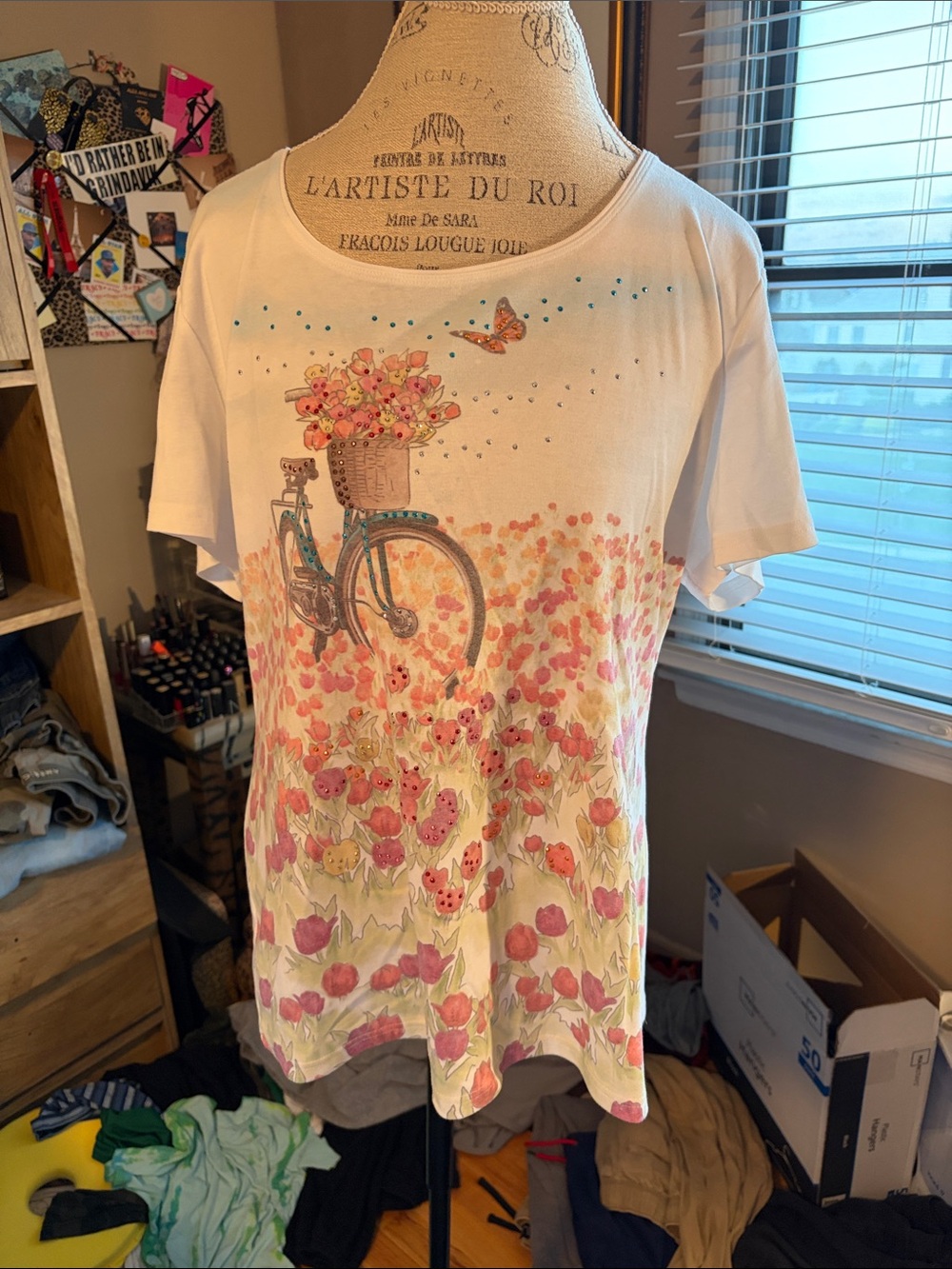Karen Scott White Floral Bicycle Graphic Short-Sleeve Top - XL